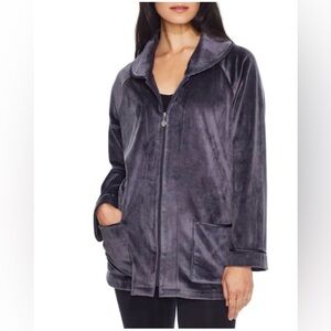 Eileen West Women's S/M Velour Short Bed Jacket Robe Dark Gray Charcoal Pockets